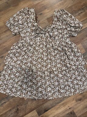 ARULA Brown and Cream Floral Puff-Sleeve Tunic